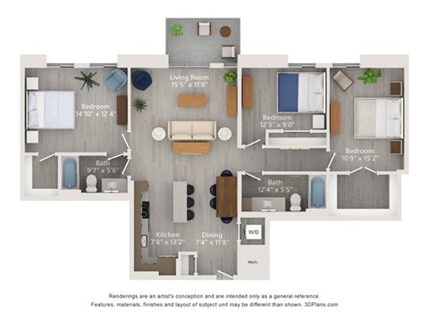 A floor plan of a house with three bedrooms, a living room, a kitchen, a dining room, a bathroom, and a workspace.